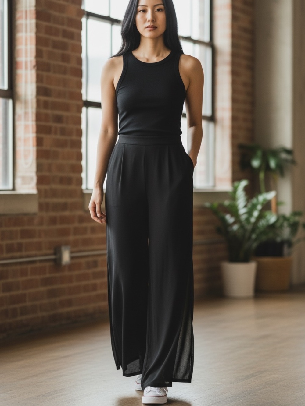 Coldwater Creek Black Flowy Wide-Leg Women's Dress Pants, Resort, Open Hem, Sz 8